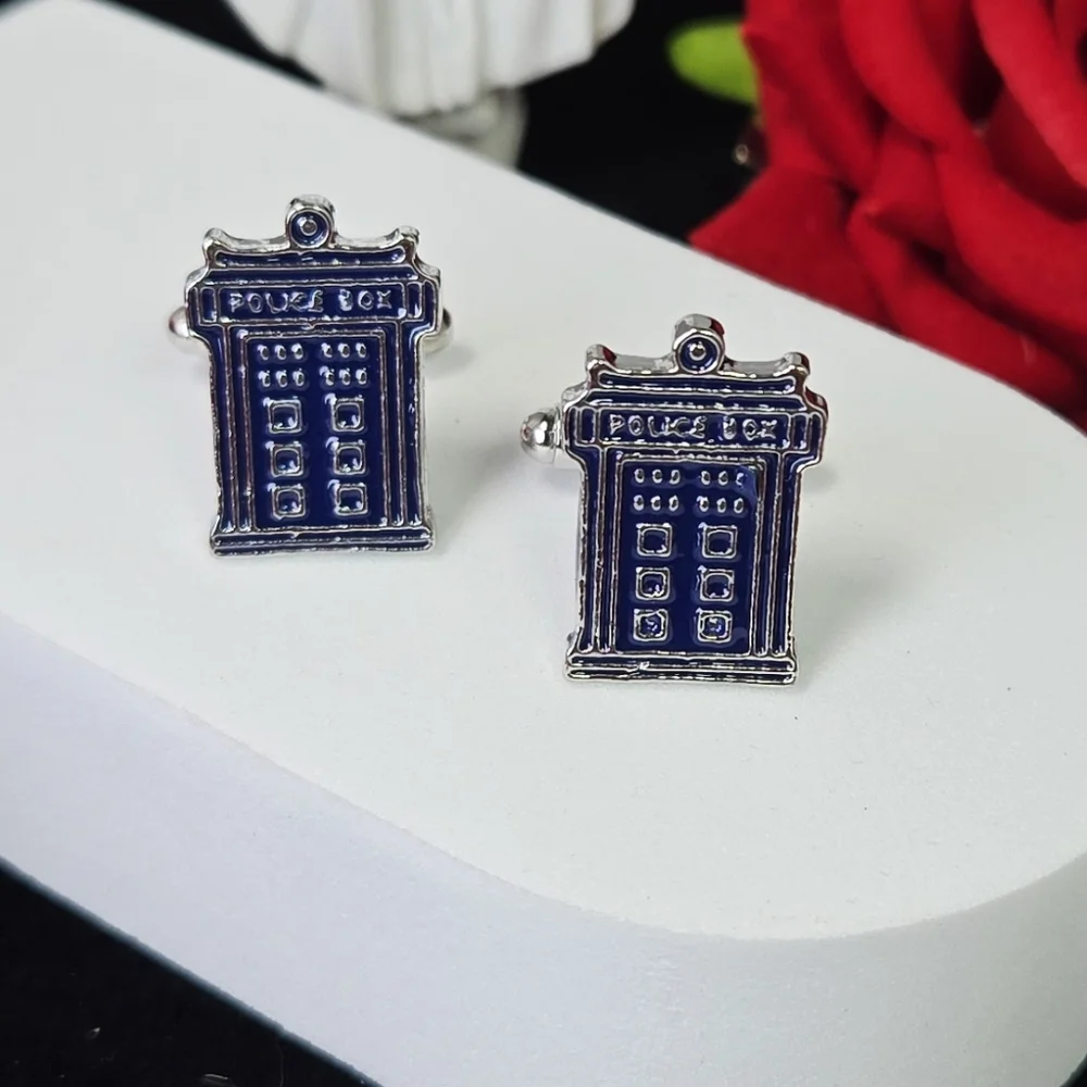 Blue Police Box Cufflinks Time Travel Sci Fi British TV Fan Geek Groom Dr Who